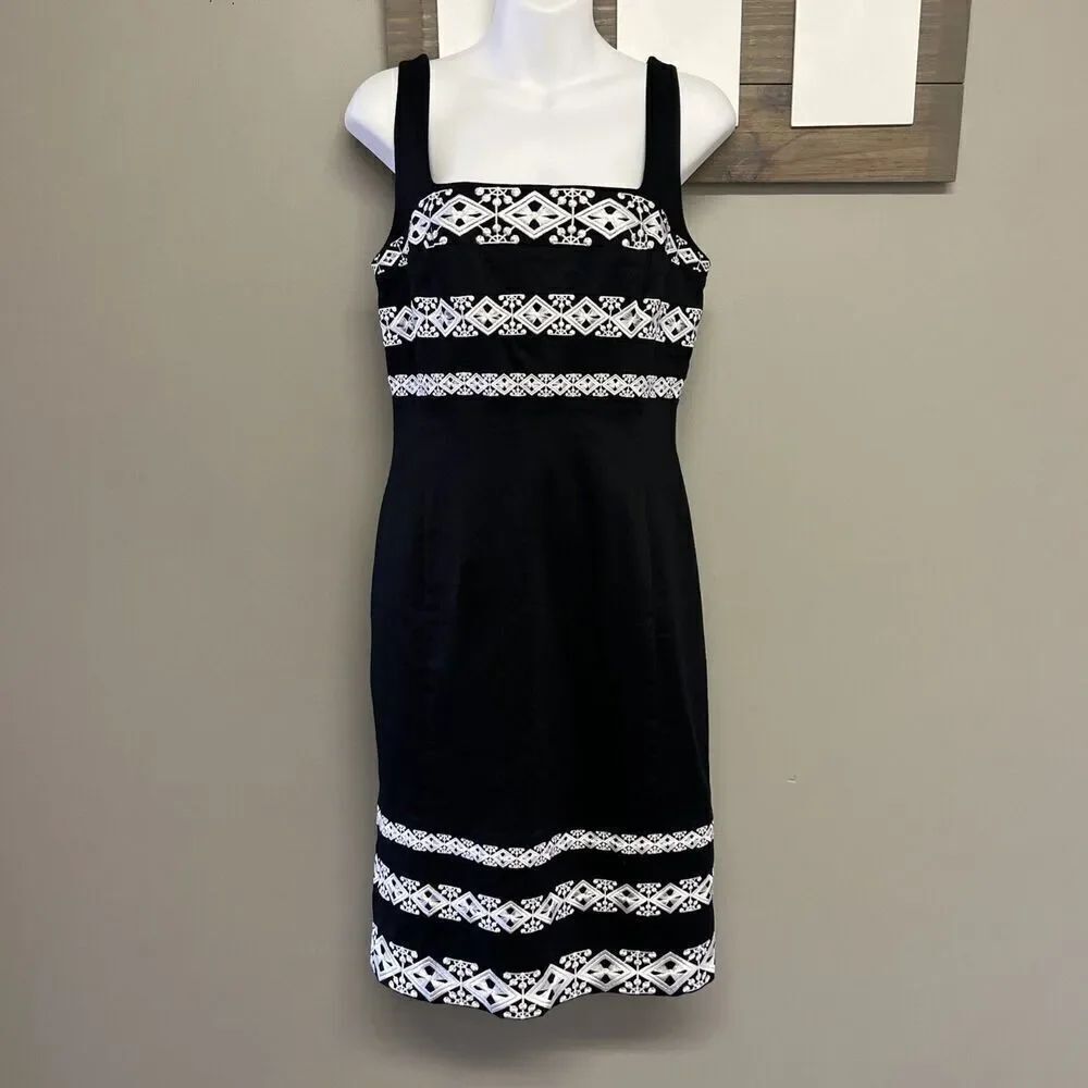 White House Black Market Black Dress Embroidered White Square Neck Strap- Size 6